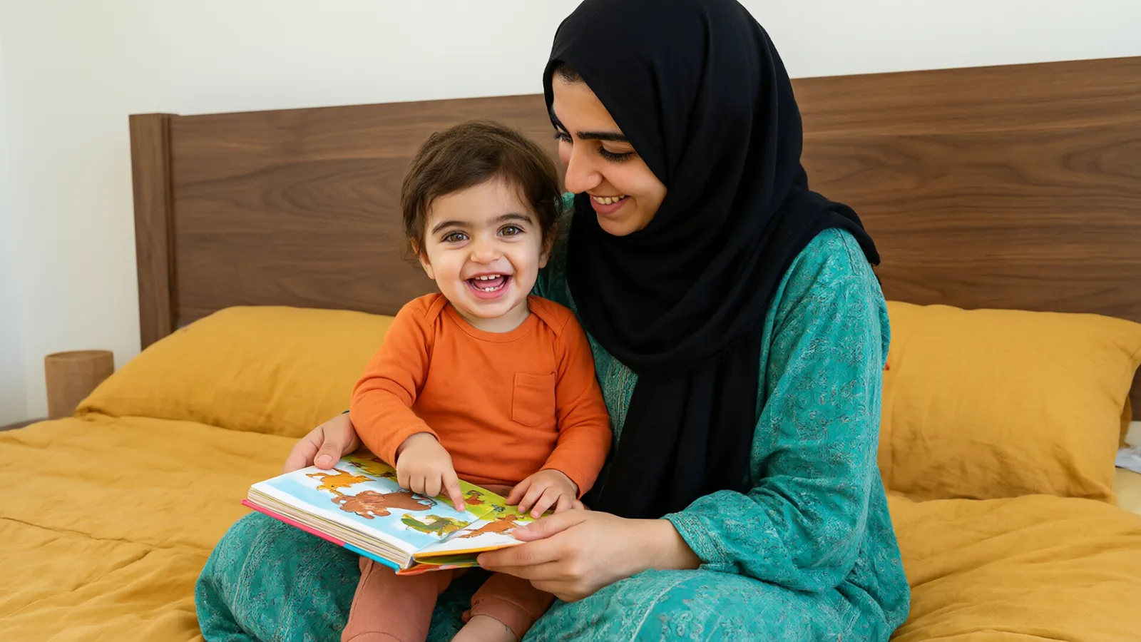 کودک دوساله روی پای مادر چادری روی تخت با روتختی خردلی به تصویر حیوان در کتاب اشاره می‌کند