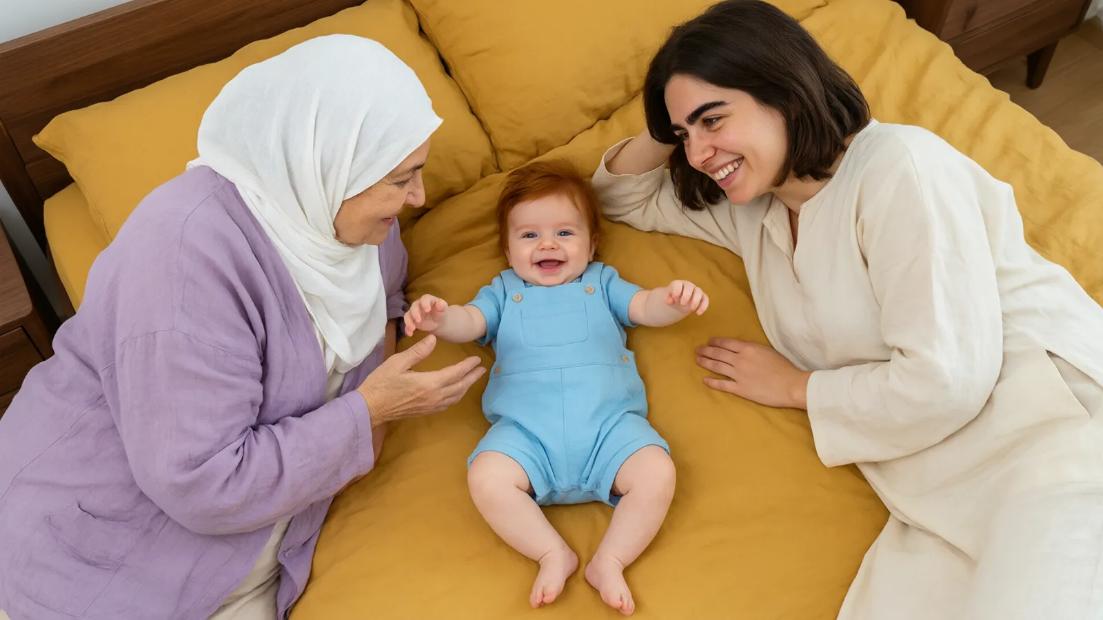 نوزادی روی روتختی زرد به مادربزرگ با روسری سفید لبخند میزند و مادرش در کنارش خوشحال است.