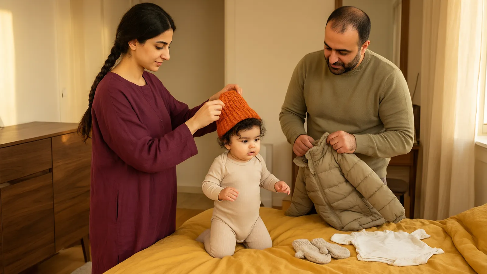 پدر و مادر روی تخت با روتختی خردلی به نوزاد نه‌ماهه کلاه نارنجی و کاپشن زمستانی می‌پوشانند