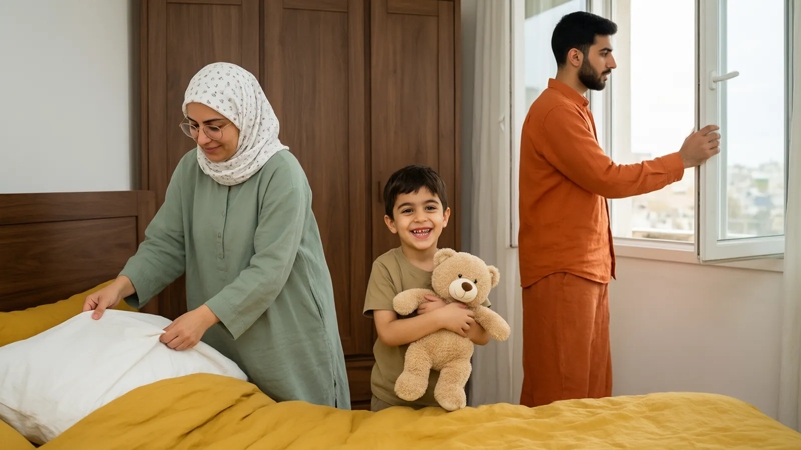 پدر پنجره اتاق را باز میکند و مادر عینکی روتختی خردلی تمیز را مرتب میکند و پسر خرس شسته را بغل کرده