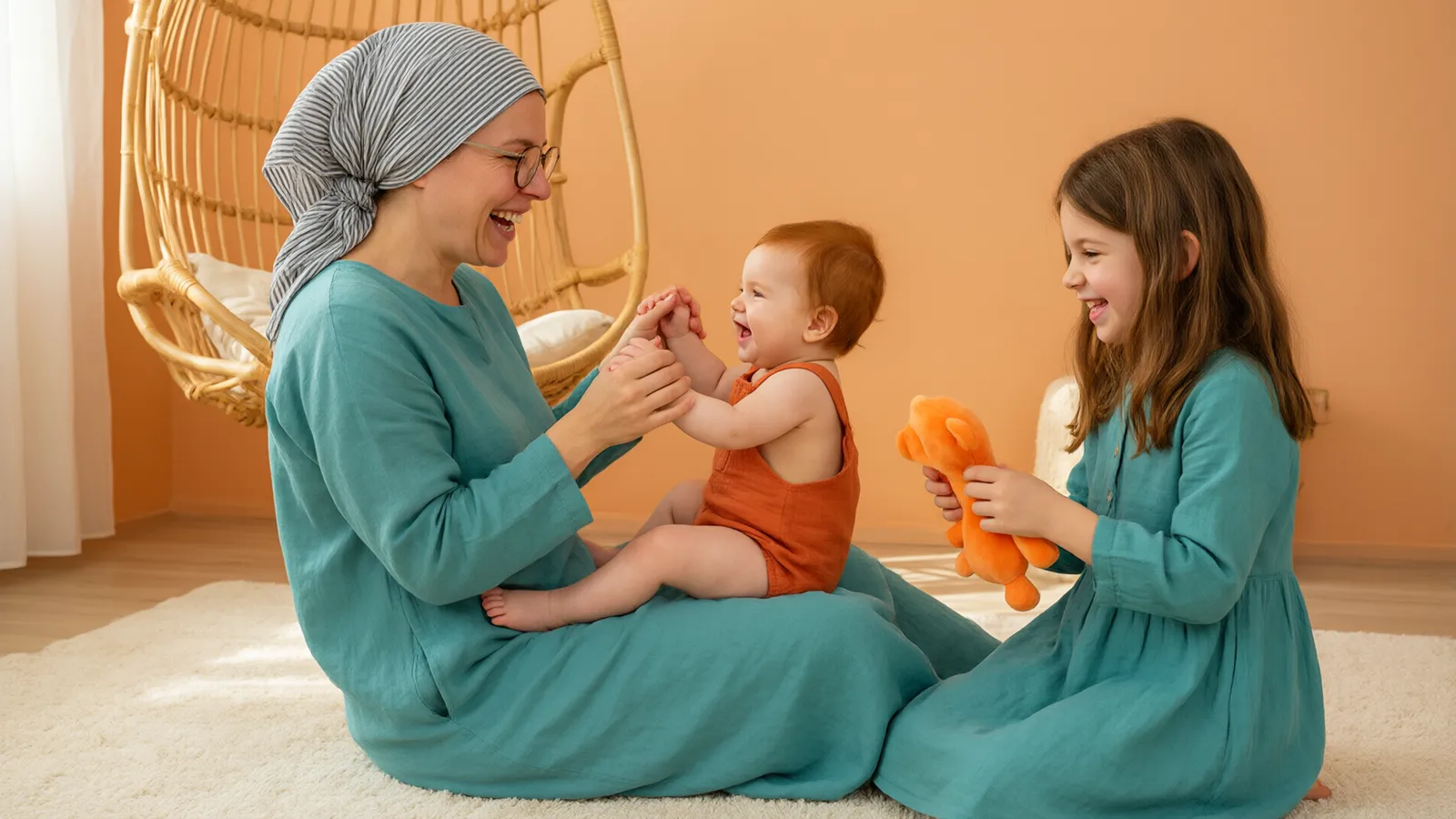 مادر عینکی نوزادش را روی زانو بازی میدهد و خواهر بزرگتر کنارشان در اتاقی با دیوار هلویی میخندد.
