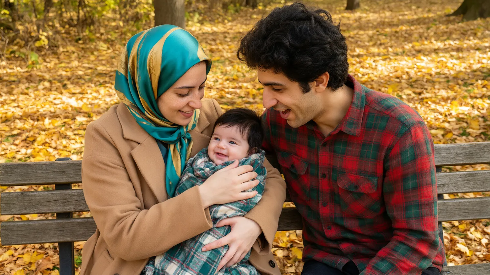 پدر و مادر روی نیمکت پارک پاییزی با برگهای زرد به لبخند نوزاد ششهفتهای در آغوش مادر نگاه میکنند