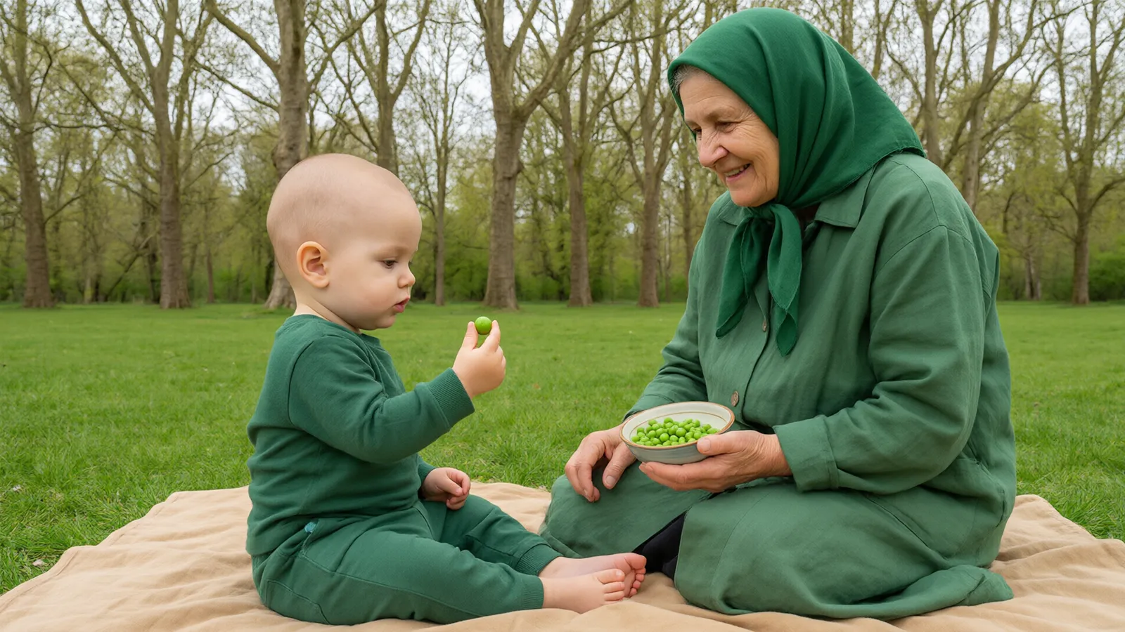 نوزاد ده ماهه روی زیرانداز در پارک با انگشت شست و اشاره نخود برمیدارد و مادربزرگ کنارش است