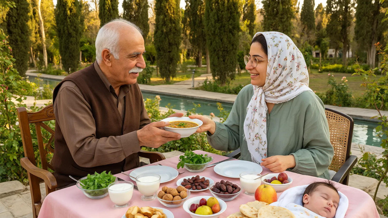 پدربزرگ در باغ ایرانی برای مادر شیرده سوپ عدس میآورد و نوزاد دوماهه کنارشان در گهواره خوابیده است
