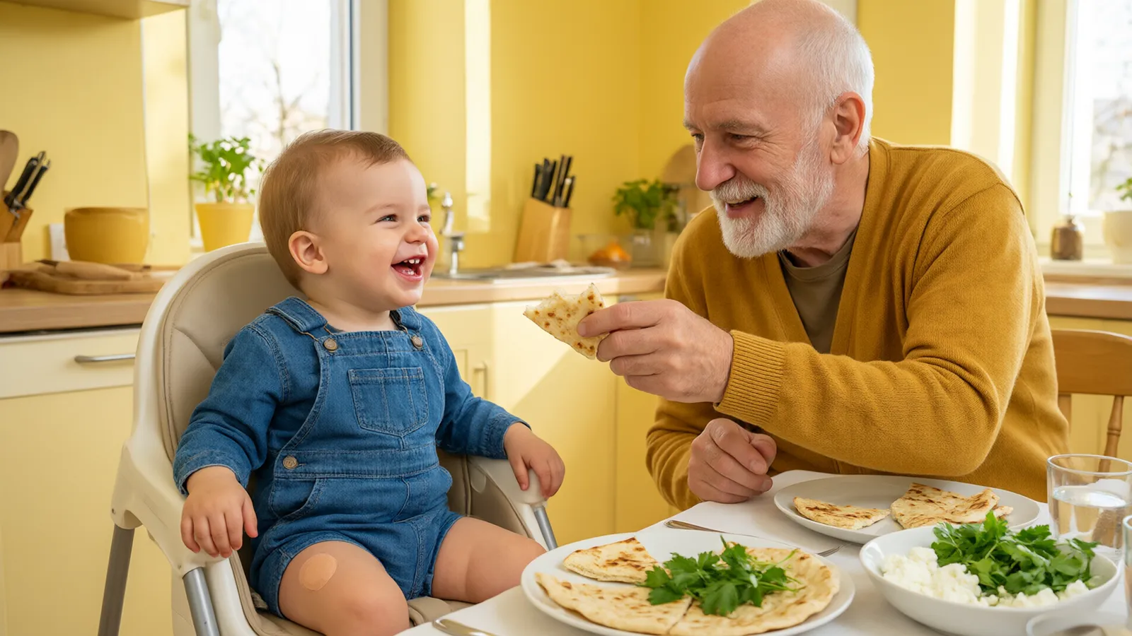 پدربزرگی با ژاکت خردلی در آشپزخانه زرد به نوه شاد یکسالهاش روی صندلی غذا نان میدهد.