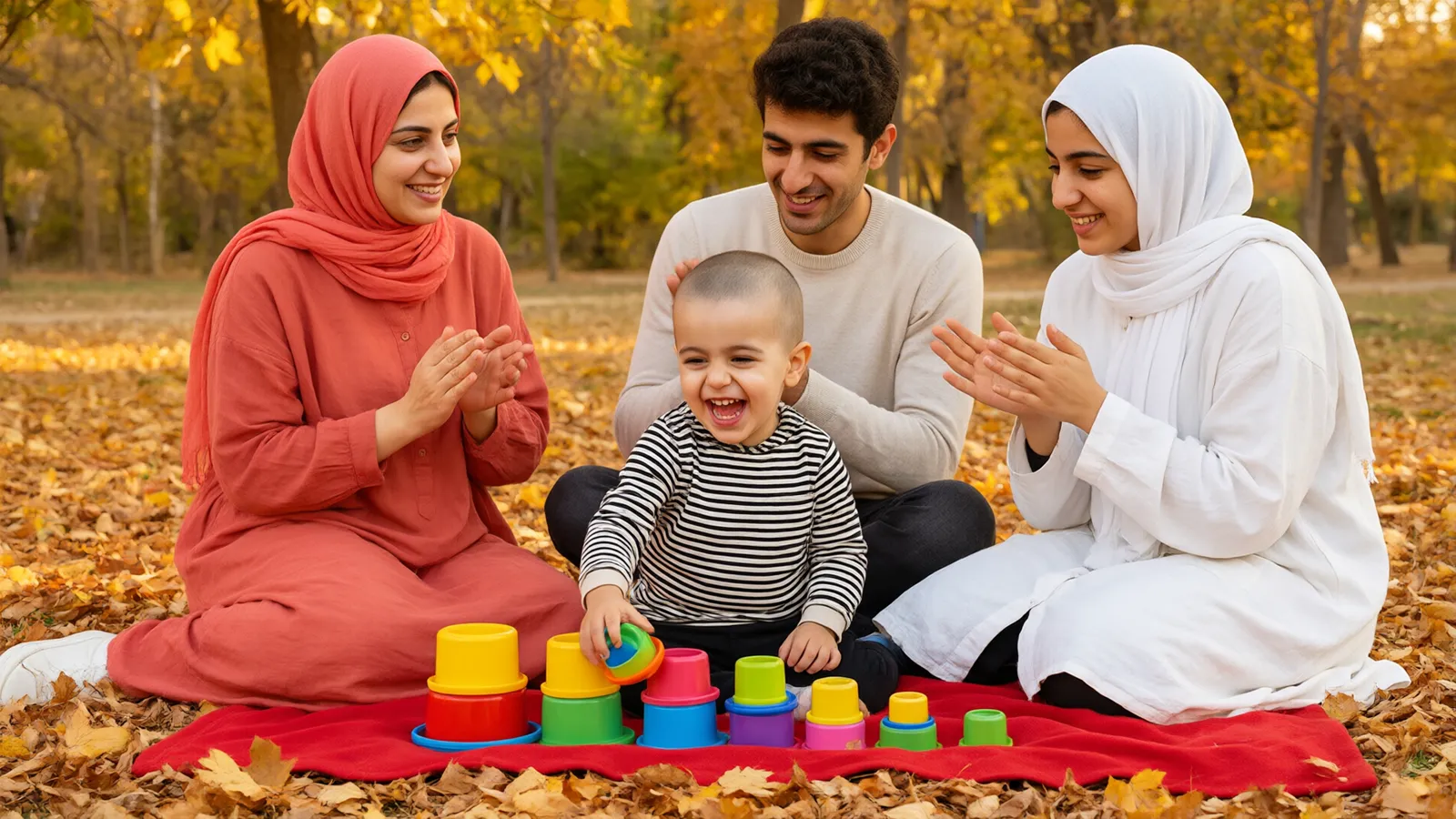 پسر سهونیمساله در پارک پاییزی لیوانهای رنگی را از بزرگ به کوچک میچیند و پدر، مادر و خاله تشویقش میکنند.