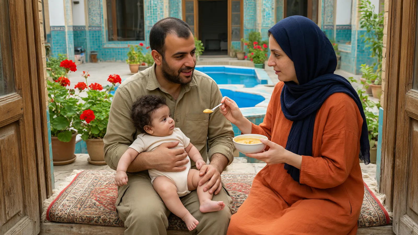 پدر و مادری در حیاط سنتی با حوض آبی، اولین قاشق غذای نرم را به نوزاد پنج‌ماهه‌شان می‌دهند.