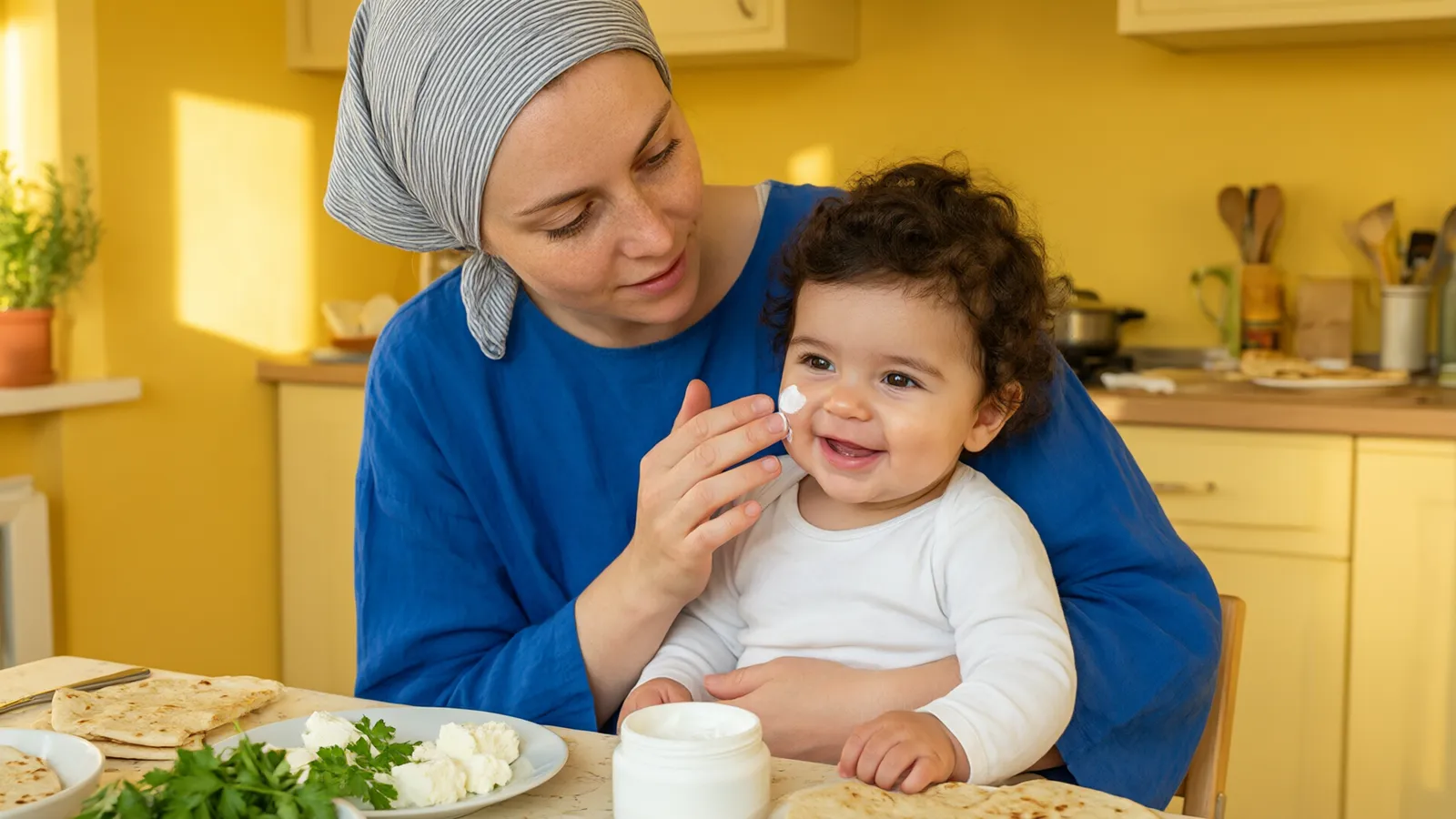 مادری با روسری راهراه در آشپزخانه زرد کنار میز صبحانه روی گونه نوزادش کرم ملایم میزند.