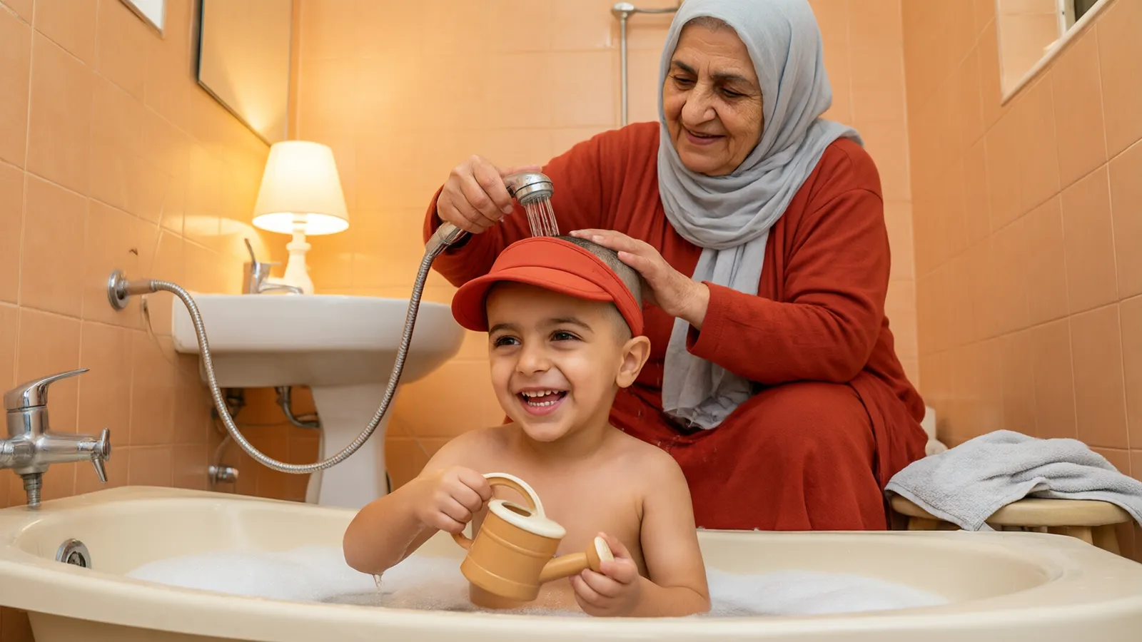 مادربزرگ با روسری خاکستری در حمام کاشی هلویی سر پسر چهارساله با کلاه حمام قرمز را آرام آب می‌کشد