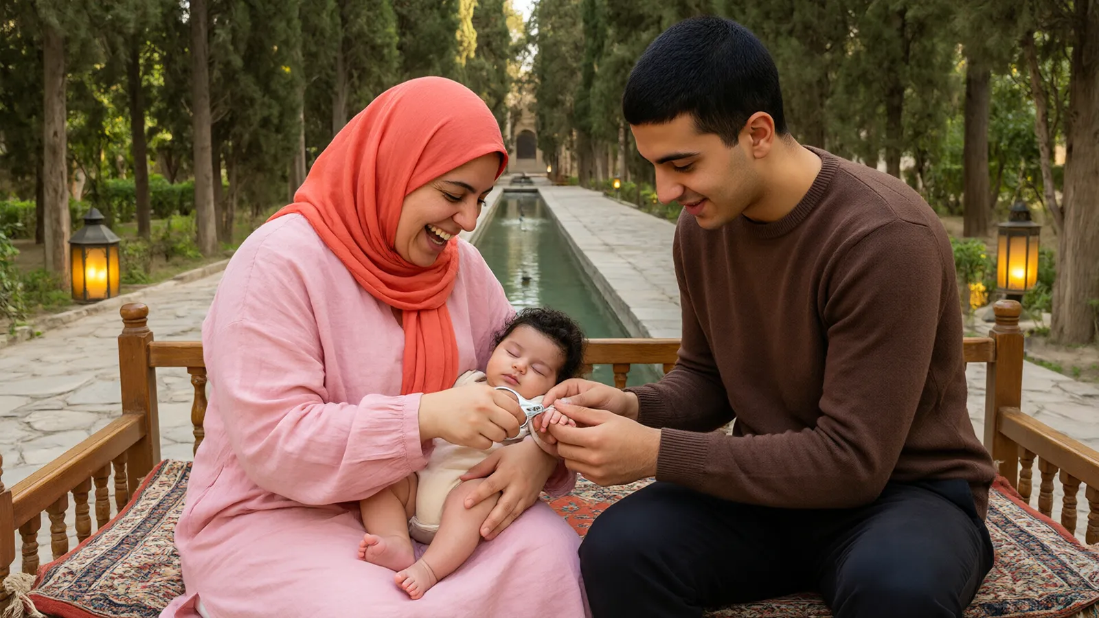پدر و مادری روی تخت چوبی در باغ ایرانی ناخن نوزاد خوابشان را با ناخنگیر کوچک کوتاه میکنند.