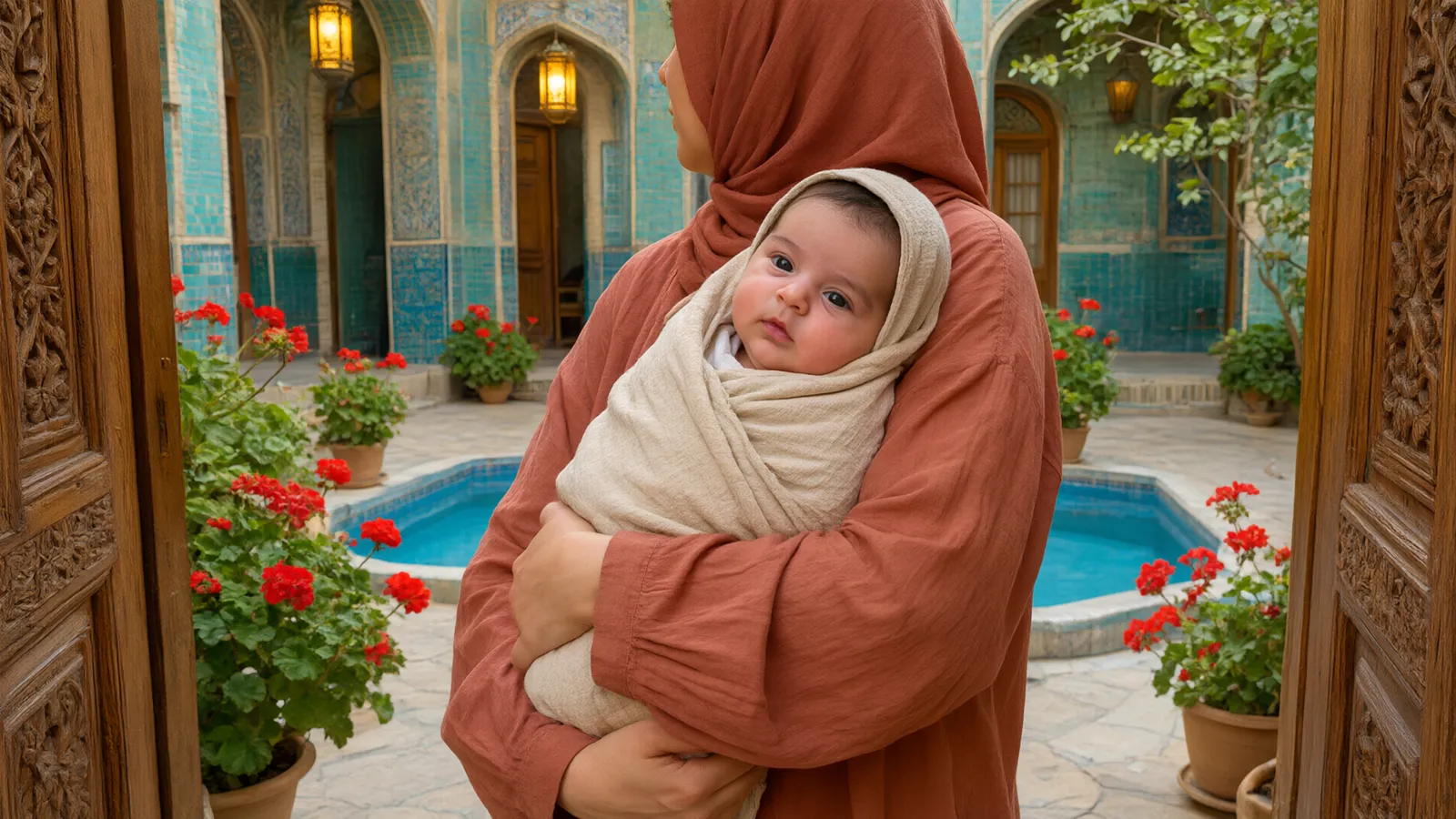 نوزادی پیچیده در پتوی کرم در آغوش مادرش در حیاط سنتی با کاشی فیروزهای و گلدانهای شمعدانی آرام است.