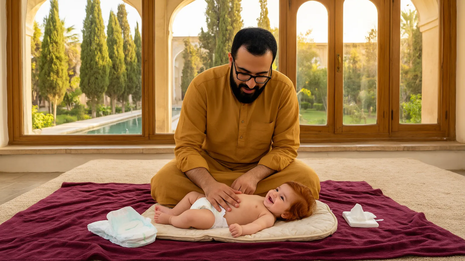 پدری با عینک در اتاقی سنتی رو به باغ ایرانی با سروهای بلند روی پتوی زرشکی پوشک نوزاد چهارماهه را عوض میکند