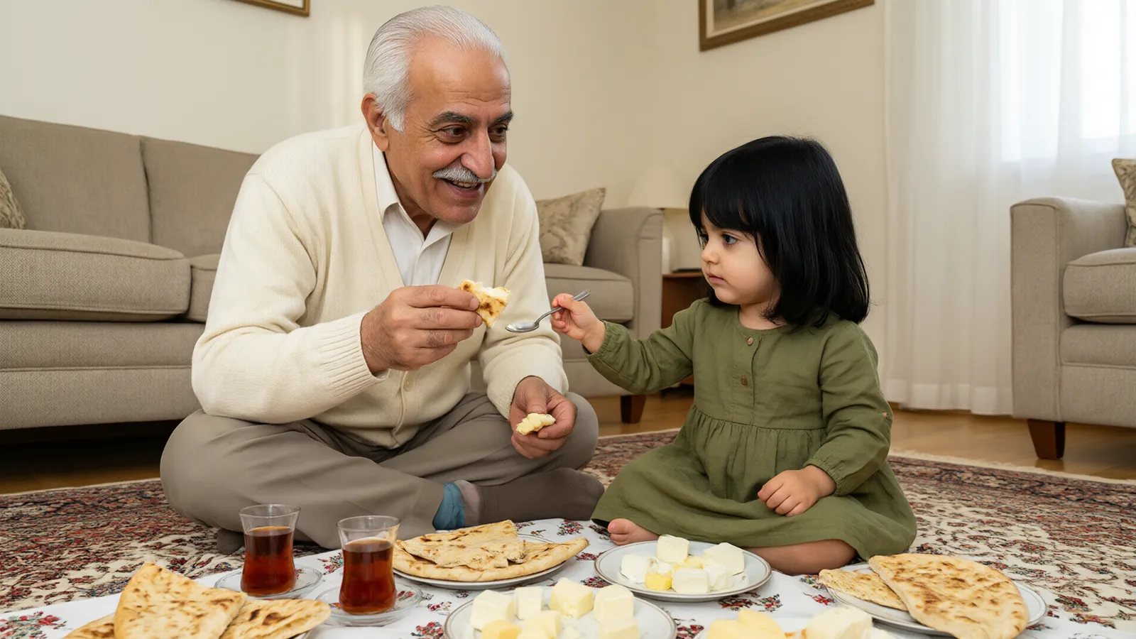 دختر دوساله با پیراهن زیتونی سر سفره صبحانه از پدربزرگ سپیدمو تقلید میکند و به عروسکش غذا میدهد