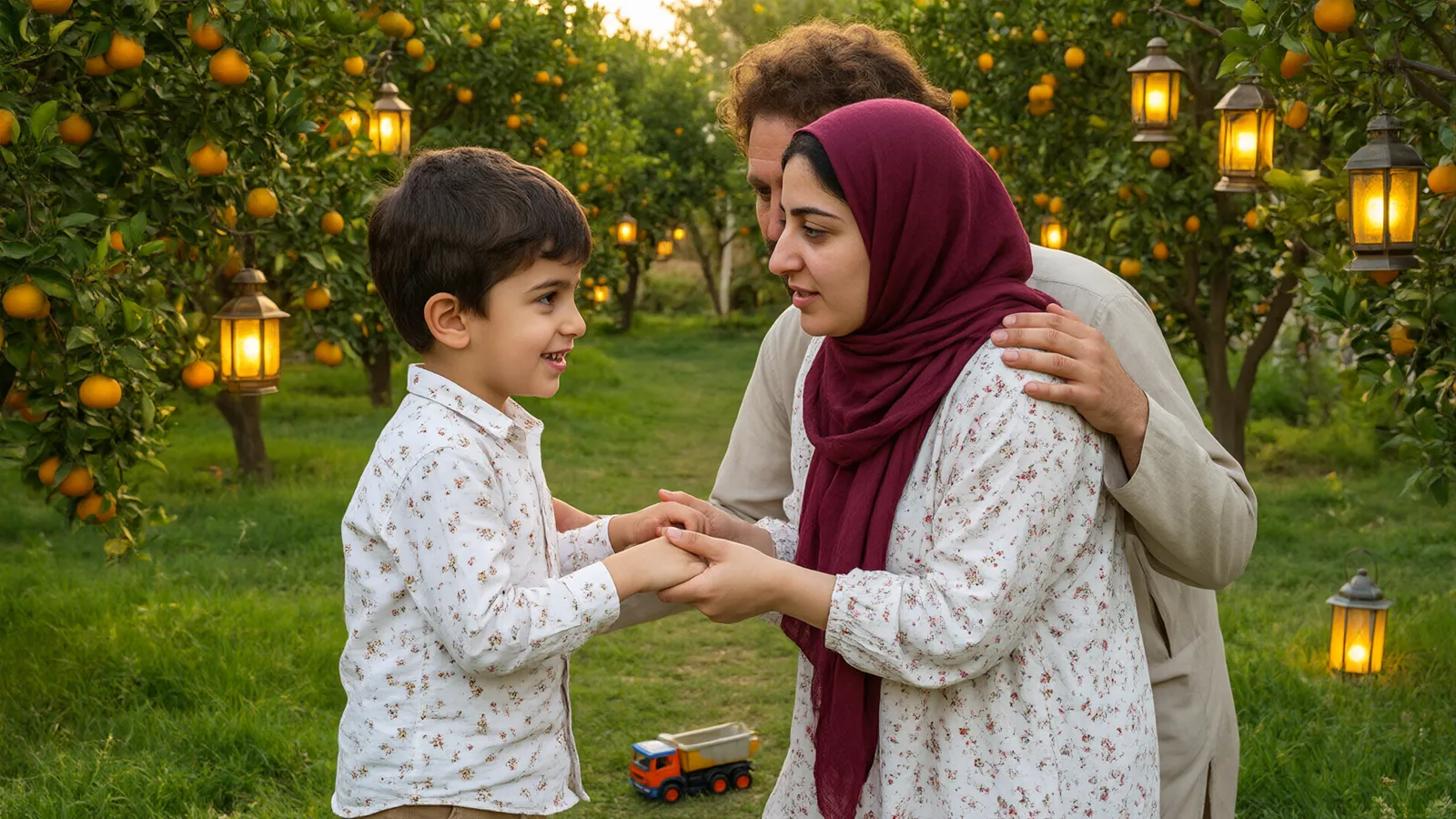 مادر با روسری زرشکی در باغ پرتقال دستهای پسر چهارساله را گرفته و آرام حرف میزند و پدر کنارشان است