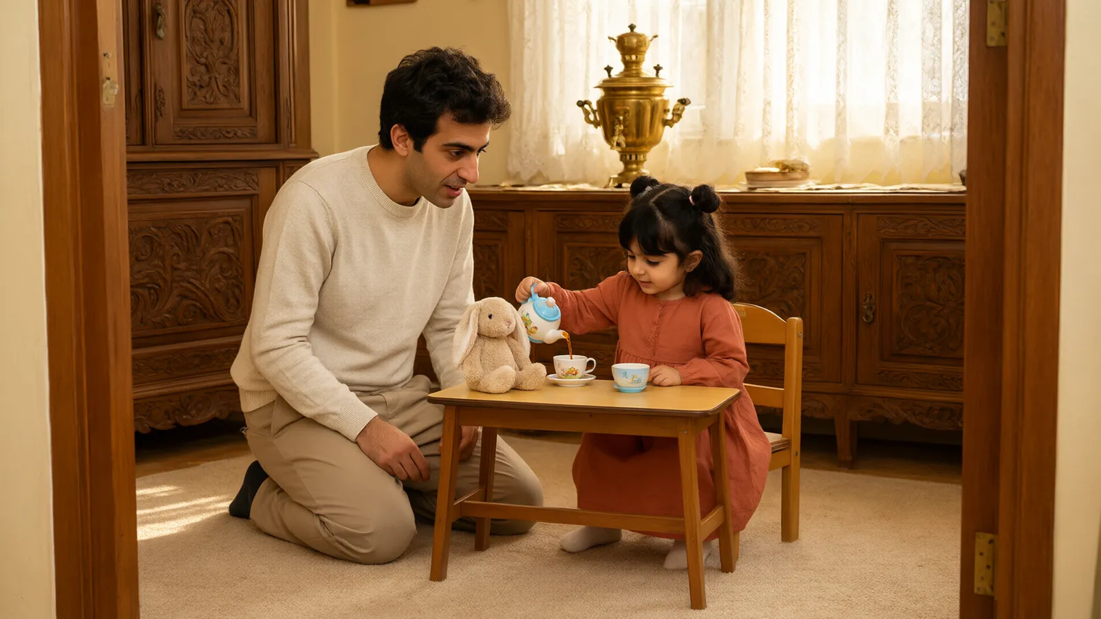 دختر چهارساله در خانه پدربزرگ کنار سماور برنجی مهمانی چای خیالی گرفته و پدرش با کنجکاوی همراهی میکند.