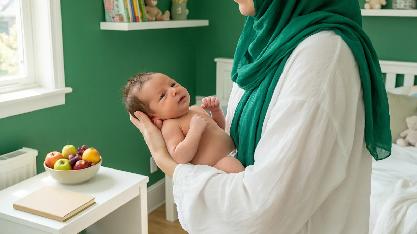 نوزاد سه‌هفته‌ای آرام در آغوش مادری با لباس سفید است، در اتاقی با دیوار سبز زمردی و نور ملایم صبح