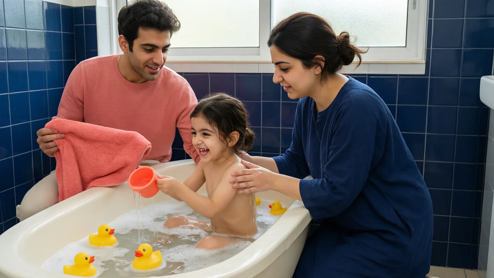 دختر چهارساله در وان حمام کاشی سرمهای با اردکها بازی میکند و پدر و مادر با مهربانی کنارش هستند