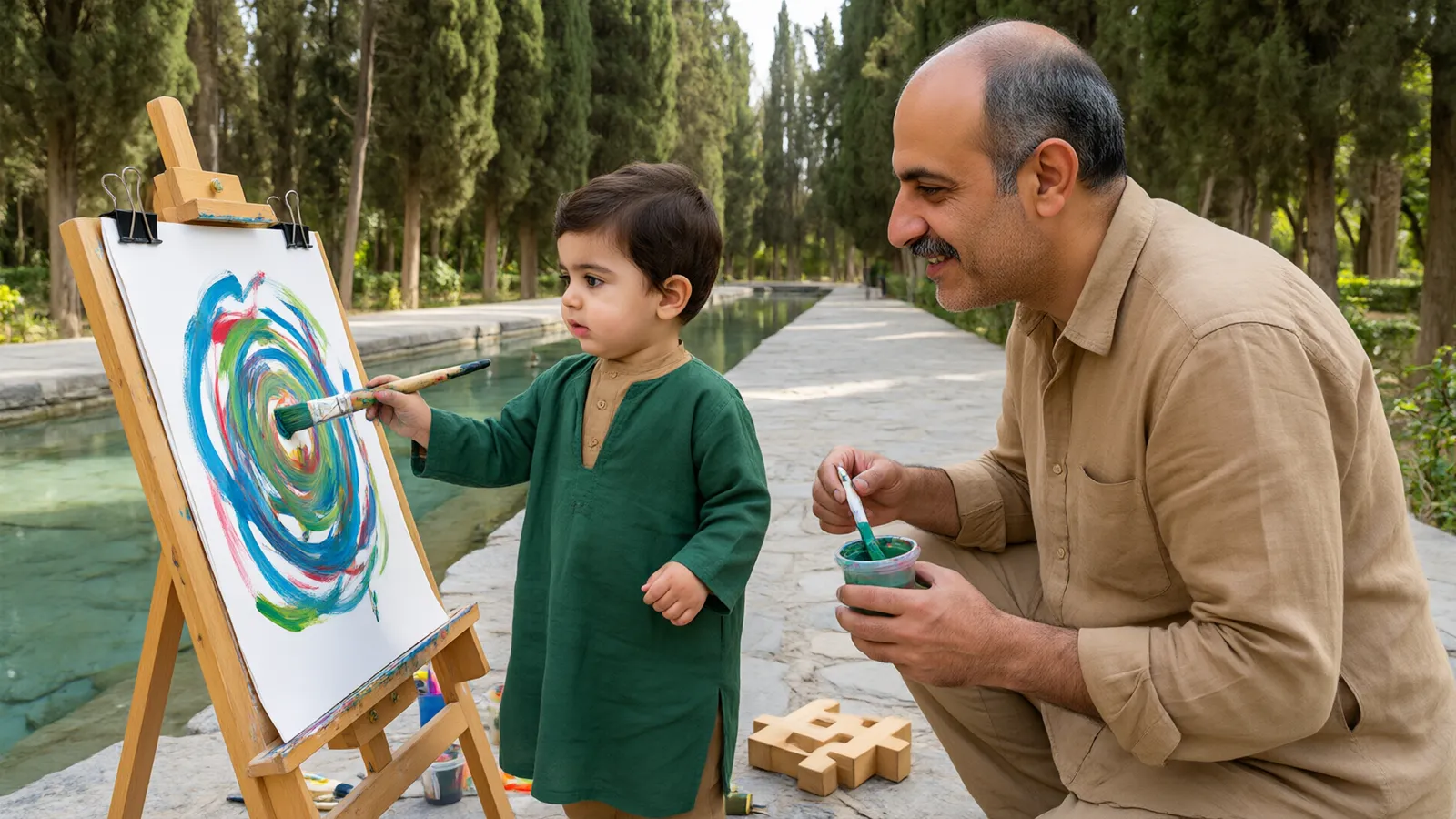 پسر نوپا با روپوش سبز تیره در باغ ایرانی کنار سروها نقاشی میکشد و پدرش کاسههای رنگ را نگه داشته است