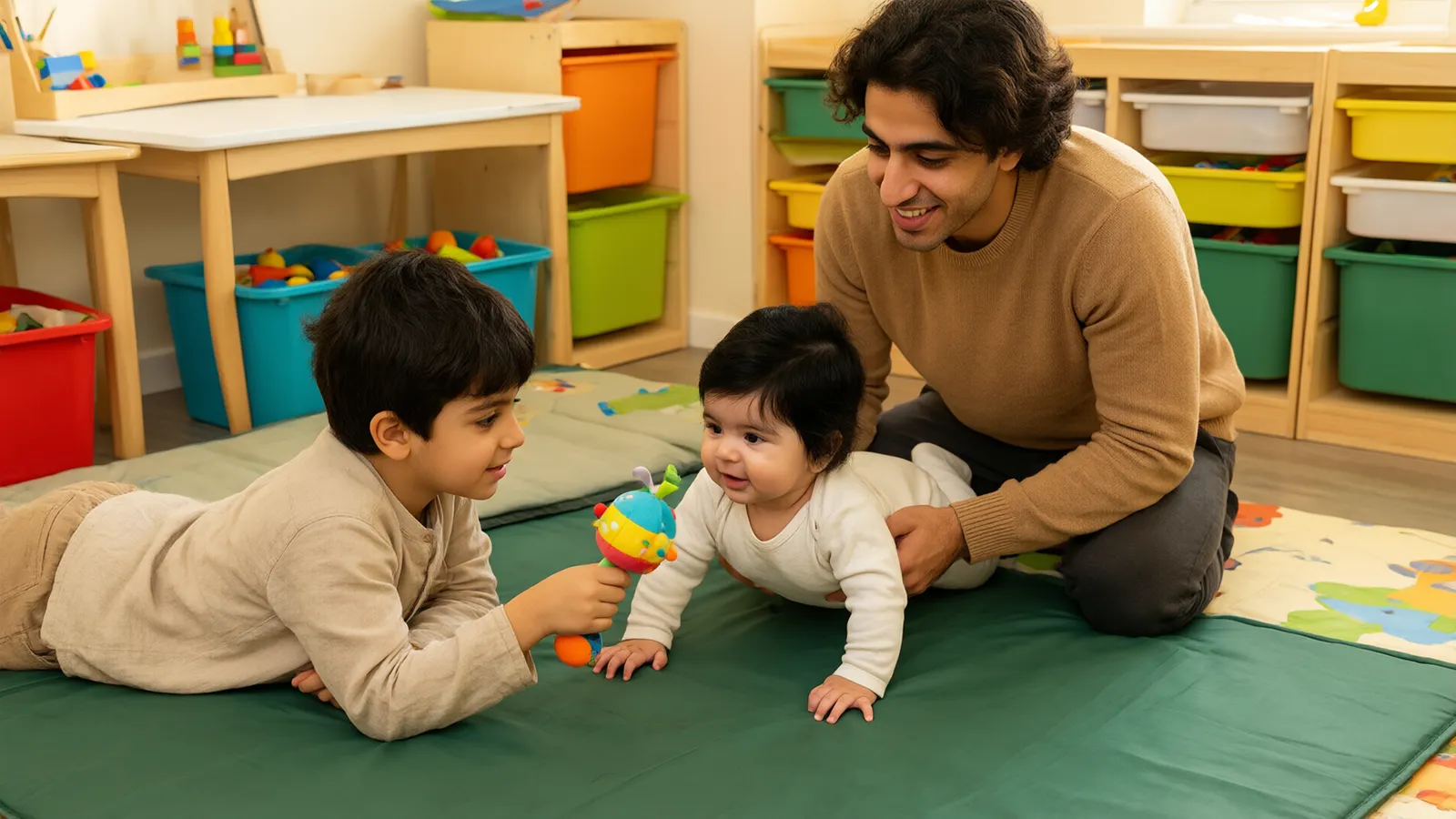 نوزاد چهارماهه روی شکم روی تشک سبز سرش را بالا گرفته و برادر و پدرش با جغجغه تشویقش می‌کنند