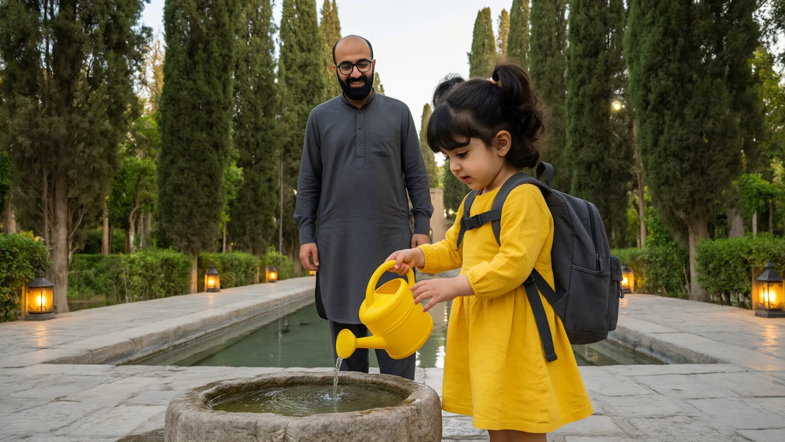 دختر سهساله با پیراهن زرد در باغ ایرانی با سروها خودش آبپاش را پر میکند و پدر عینکی نگاهش میکند