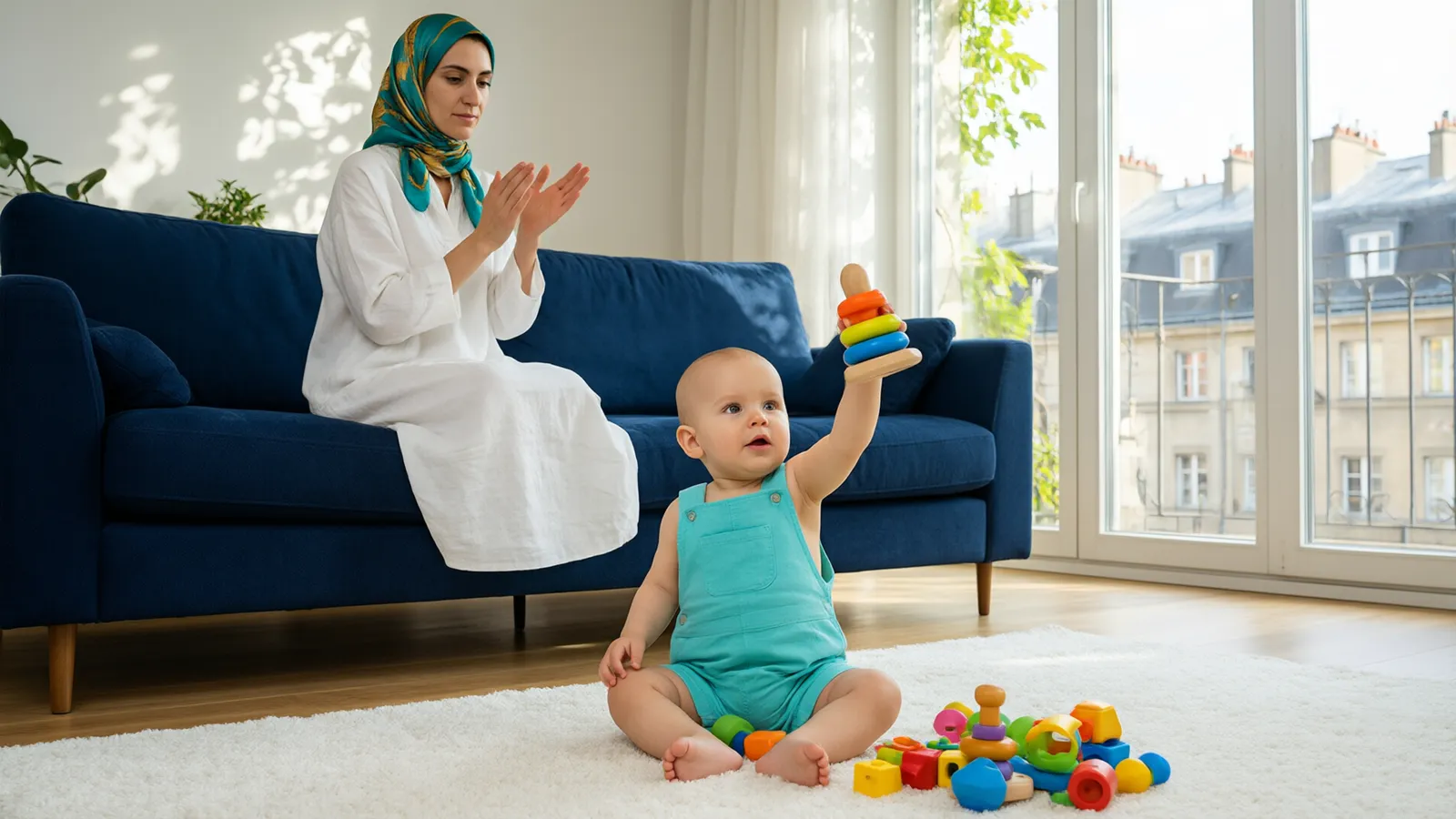 نوزاد ده ماهه با حلقه رنگی در اتاق نشیمن با مبل سرمهای و پنجره رو به شهر مینشیند و مادر کف میزند
