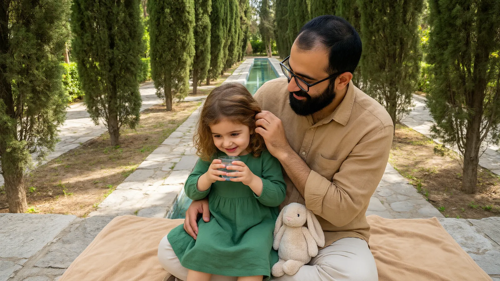 دختر سه‌ساله با پیراهن سبز در باغ ایرانی آرام در آغوش پدر عینکی آب می‌نوشد و پدر موهایش را نوازش می‌کند