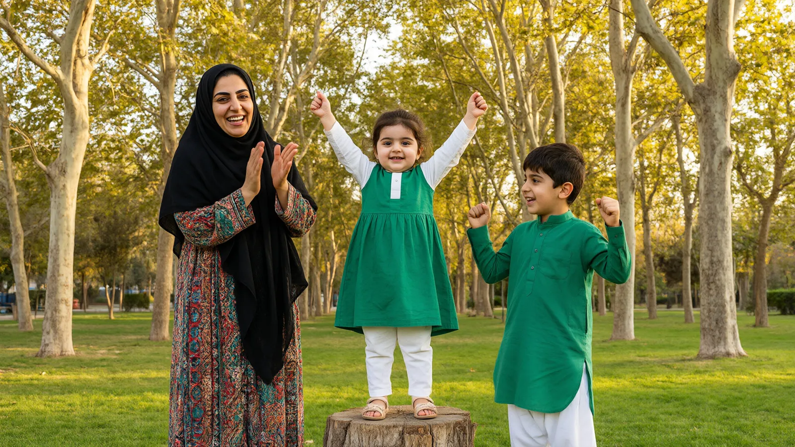 دختر سهونیمساله با لباس سبز زمردی روی کنده درخت در پارک دستها را بالا برده و مادر چادری تشویقش میکند.