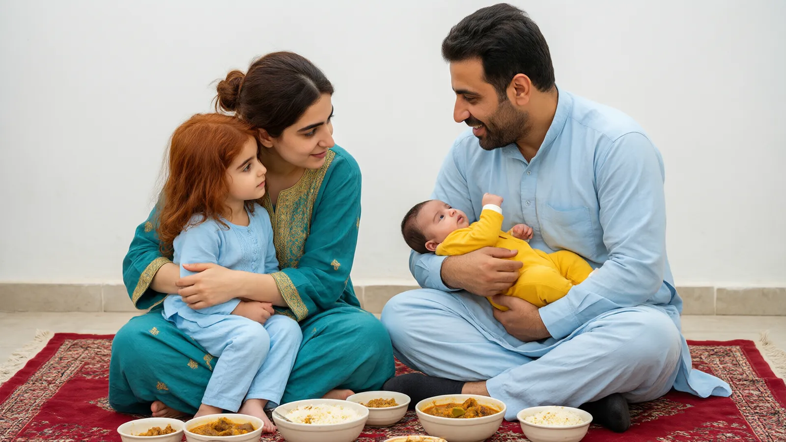 مادر کنار سفره روی فرش قرمز دختر سهونیمسالهاش را در آغوش گرفته و پدر نوزادشان را بغل کرده است.