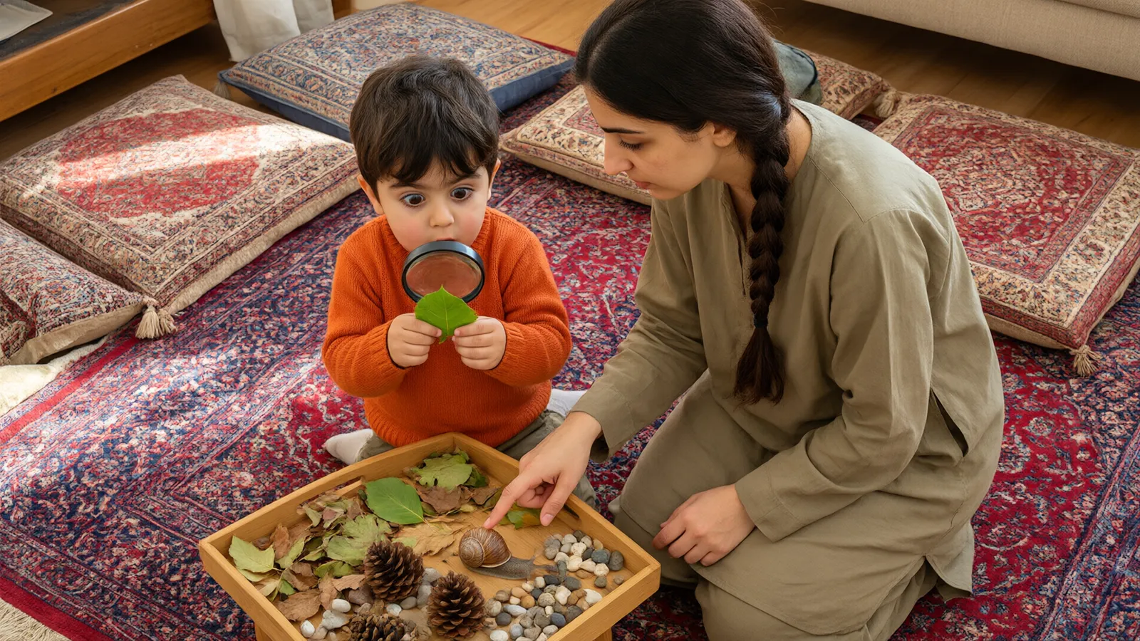 پسر چهارساله روی فرش قرمز و نیلی با ذره‌بین برگ را بررسی می‌کند و مادر و خواهرش کنجکاو همراهی‌اش می‌کنند