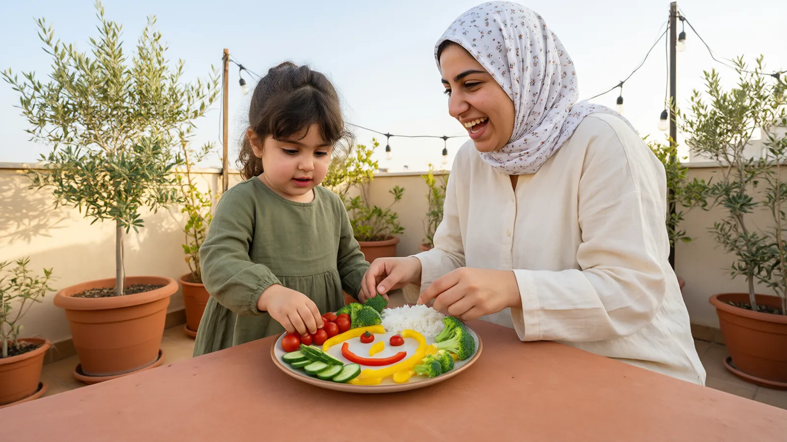 دختر چهارساله و مادرش روی تراس پشتبام با گوجه، خیار و کلمبروکلی صورتکی خندان در بشقاب میسازند.