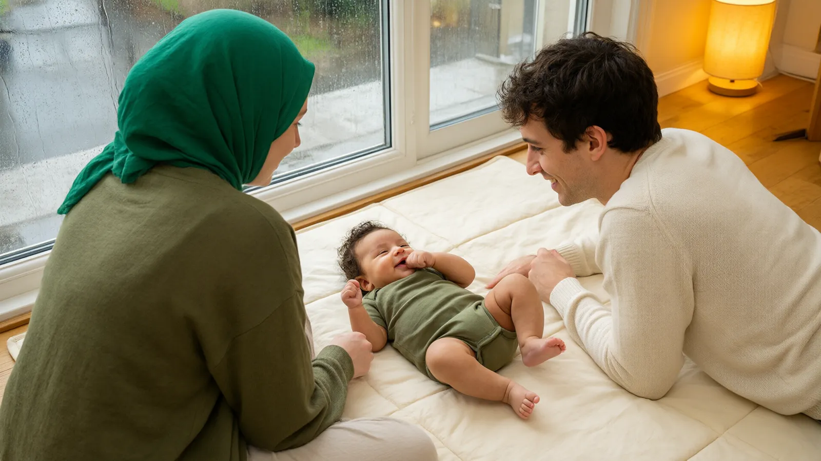 نوزادی کنار پنجره بارانی مشتش را میمکد و پدر و مادرش با لباس زیتونی و کرم به او نگاه میکنند.