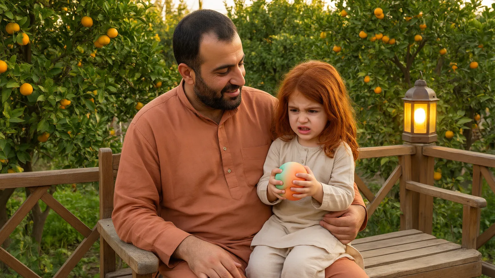 دختر چهارساله در باغ پرتقال شمال روی پای پدرش با فشردن توپ نرم آرام میشود و پدر مهربان گوش میدهد.