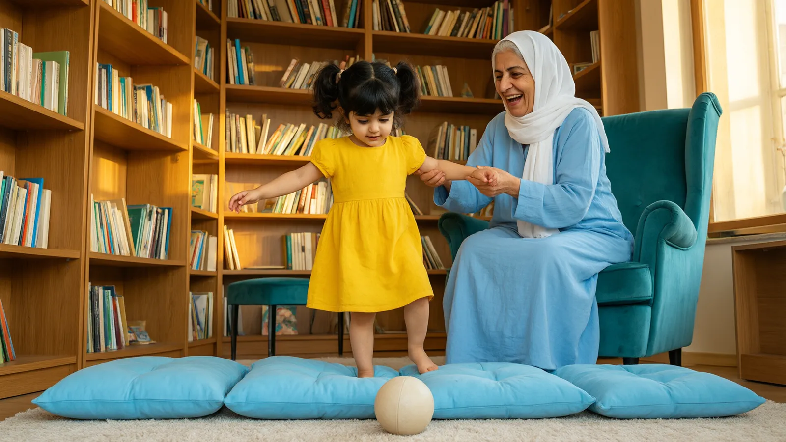 دختر سه‌ساله با پیراهن زرد آفتابگردانی دست مادربزرگ را گرفته و روی کوسن‌های آبی تعادلش را حفظ می‌کند