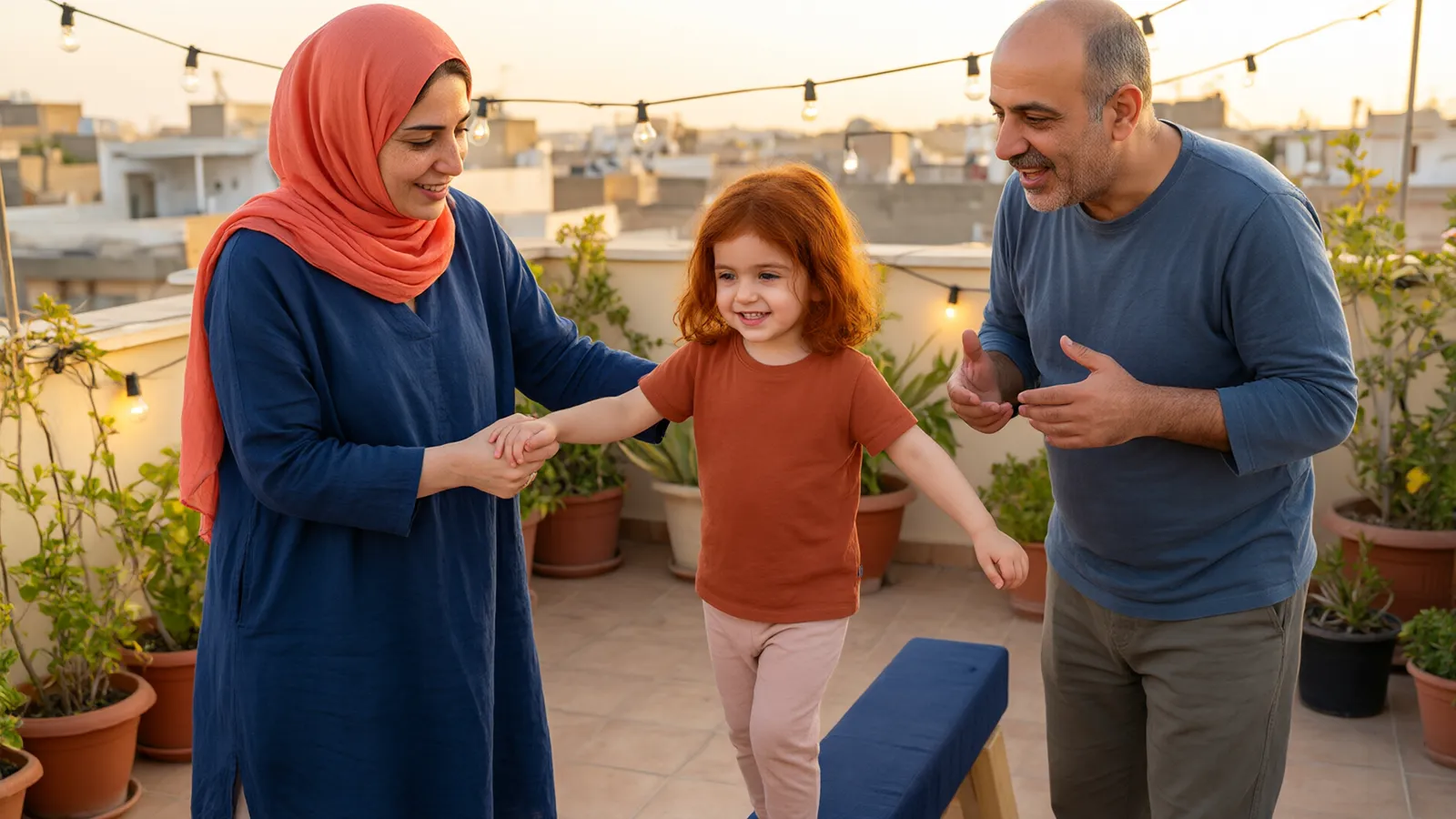 دختر سهساله با دست مادر روی تیر تعادل نرم سرمهای در پشتبام راه میرود و پدر تشویقش میکند