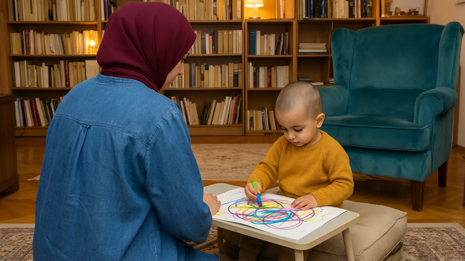 مادر با روسری زرشکی خطخطیهای رنگی پسر دوسالهاش را کنار مبل مخمل سبزآبی و قفسه کتاب تماشا میکند