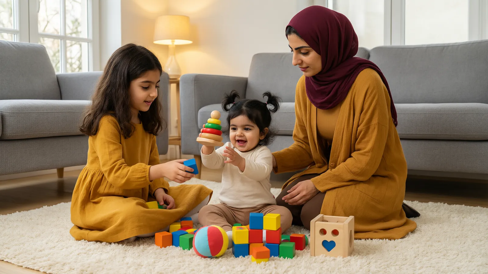 مادری با روسری زرشکی و دختر بزرگ‌تر کنار نوزاد یک‌ساله روی فرش پشمی با اسباب‌بازی‌های چوبی بازی می‌کنند