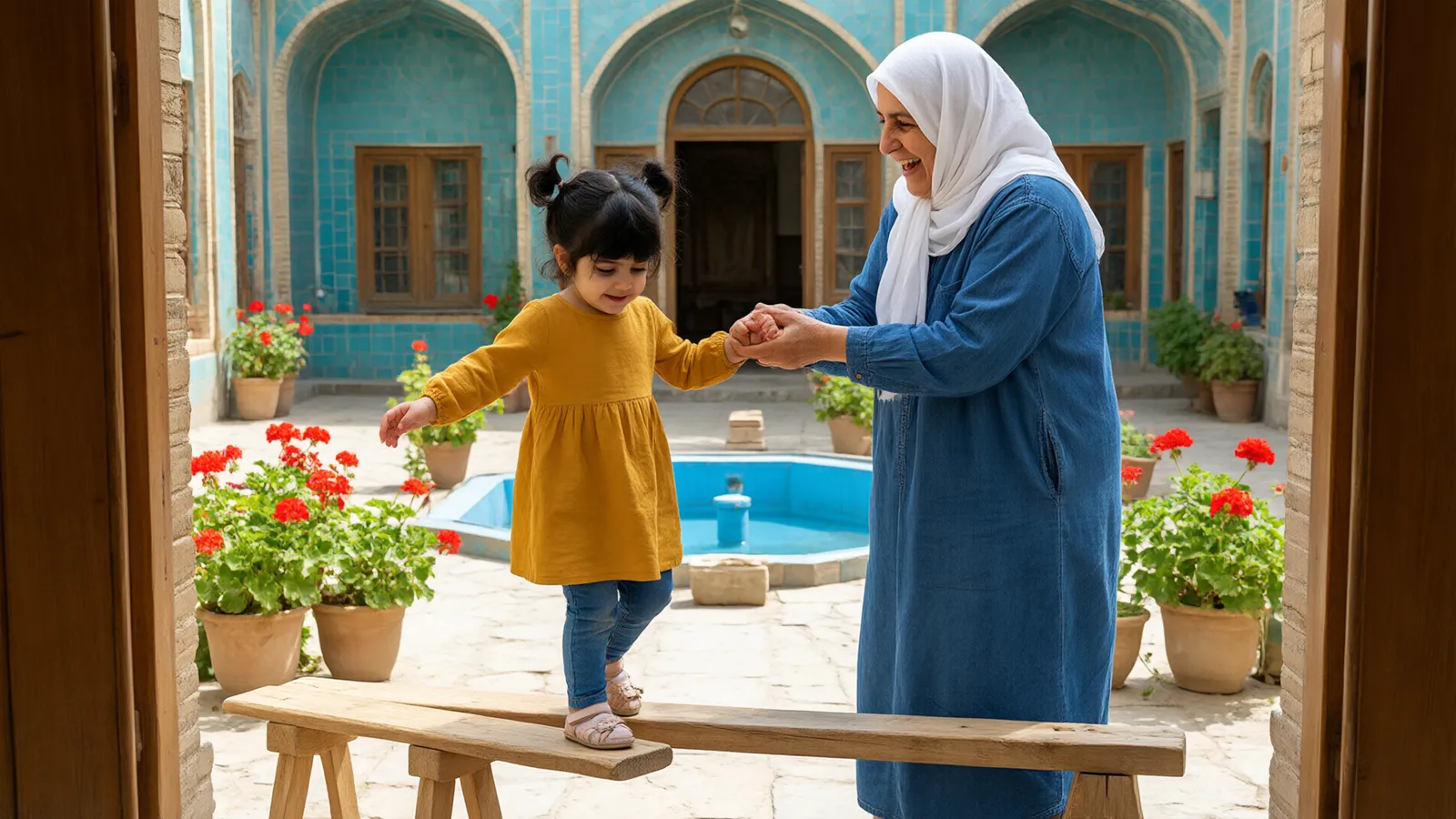 مادربزرگ در حیاط کاشی فیروزهای دست دختر سهساله را گرفته تا روی تیر چوبی کوتاه تعادلش را حفظ کند