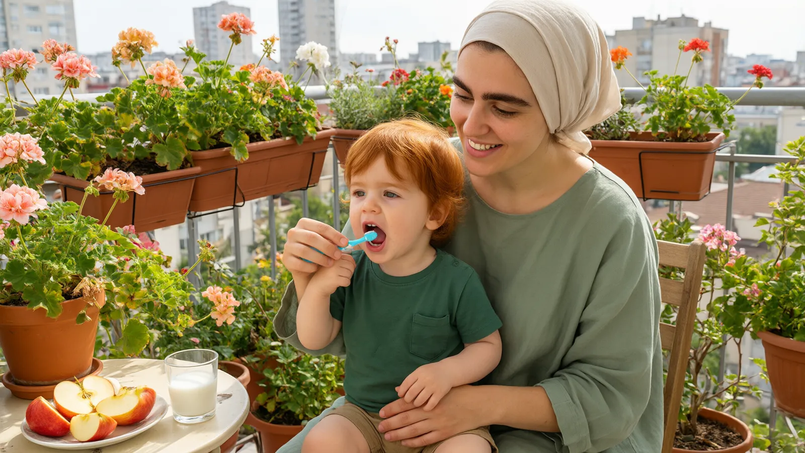 مادر در بالکن پرگل دندانهای پسر هجده ماهه را با مسواک کوچک و نرم تمیز میکند و پسر دهانش را باز کرده است
