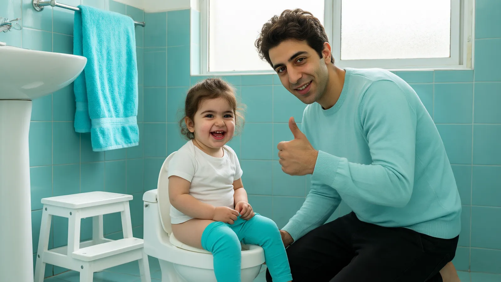 پدر با پلیور فیروزهای کنار دختر دوساله که روی لگن سفید در حمام کاشی فیروزهای نشسته میخندد