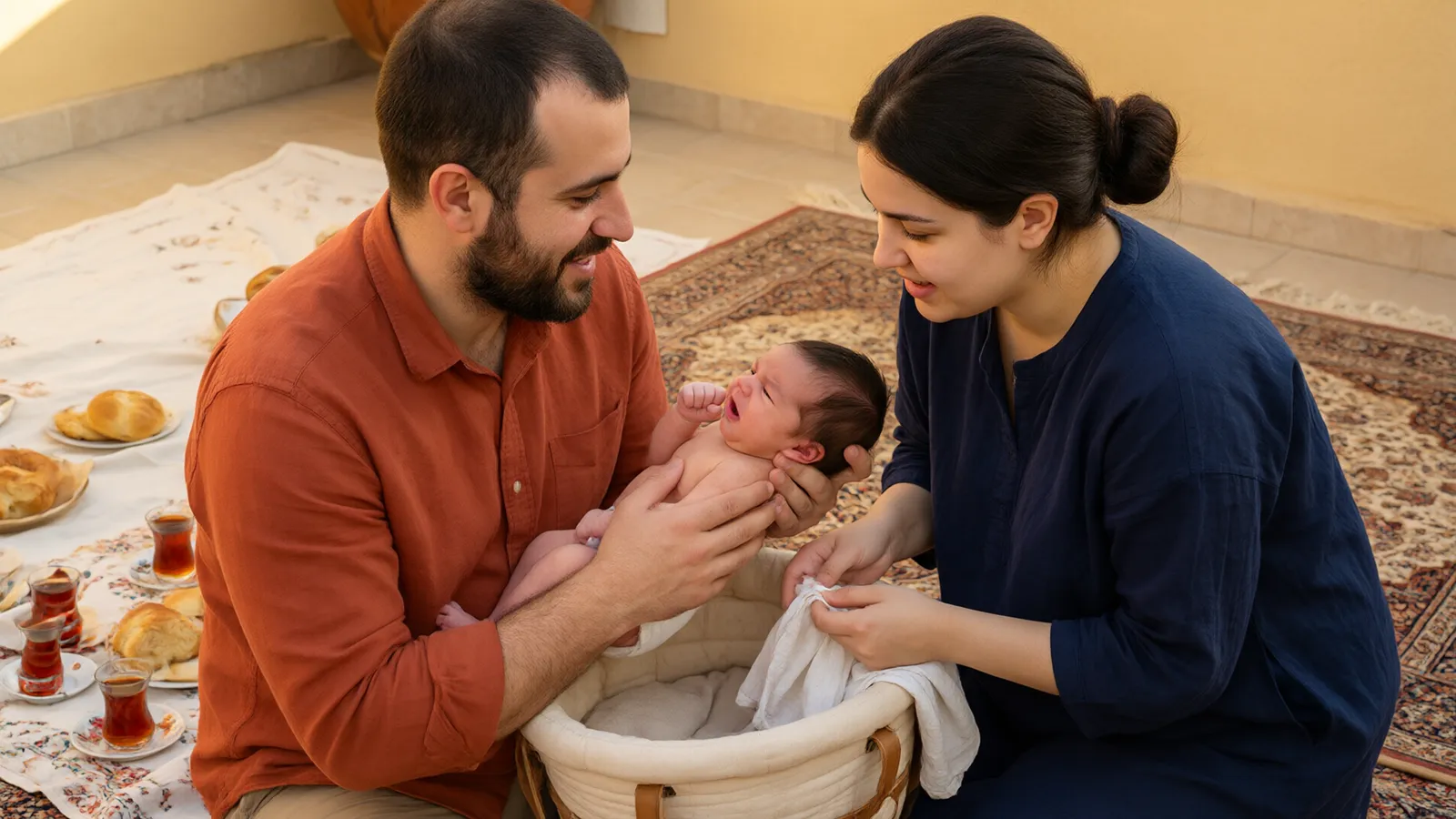 پدری با پیراهن نارنجی کنار سفره نوزادش را بغل میکند و مادر با موی جمعشده و تونیک سرمهای دستمال میآورد.