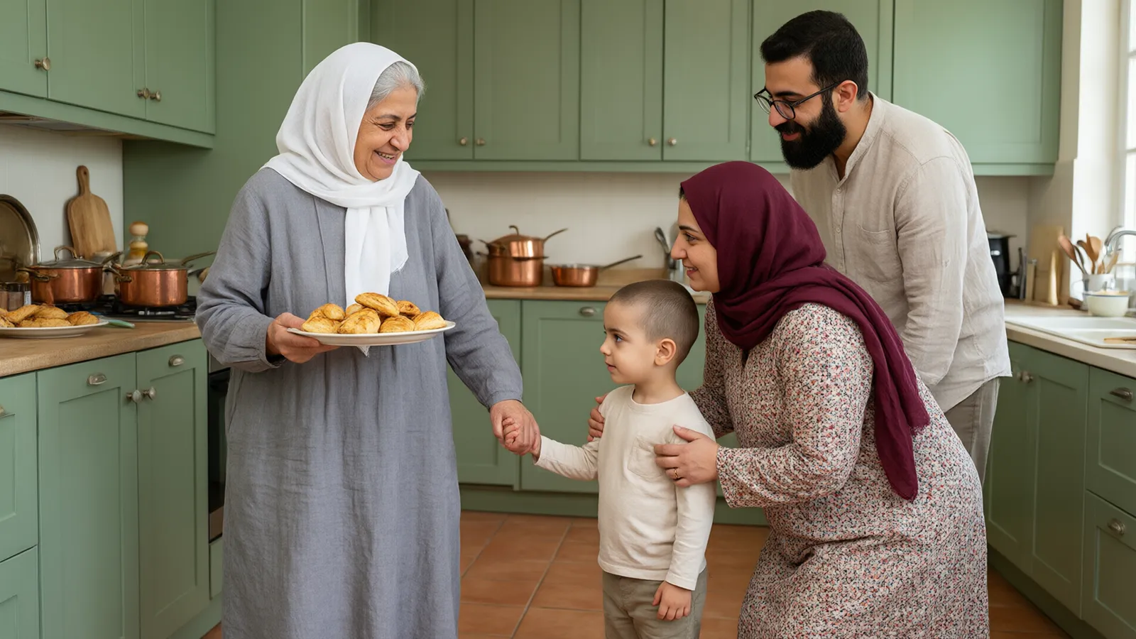 پسر چهارساله خجالتی در آشپزخانه سبز مریمی دست مادرش را گرفته و مادربزرگ مهمان با شیرینی به او دست تکان می‌دهد.